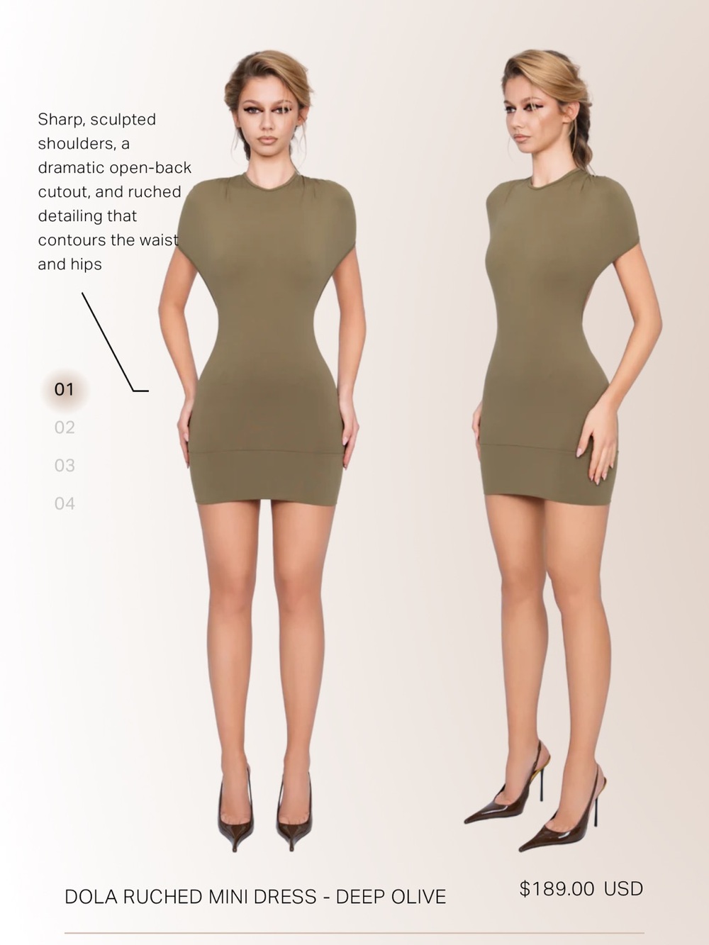Dola Deep Olive Ruched Mini Dress